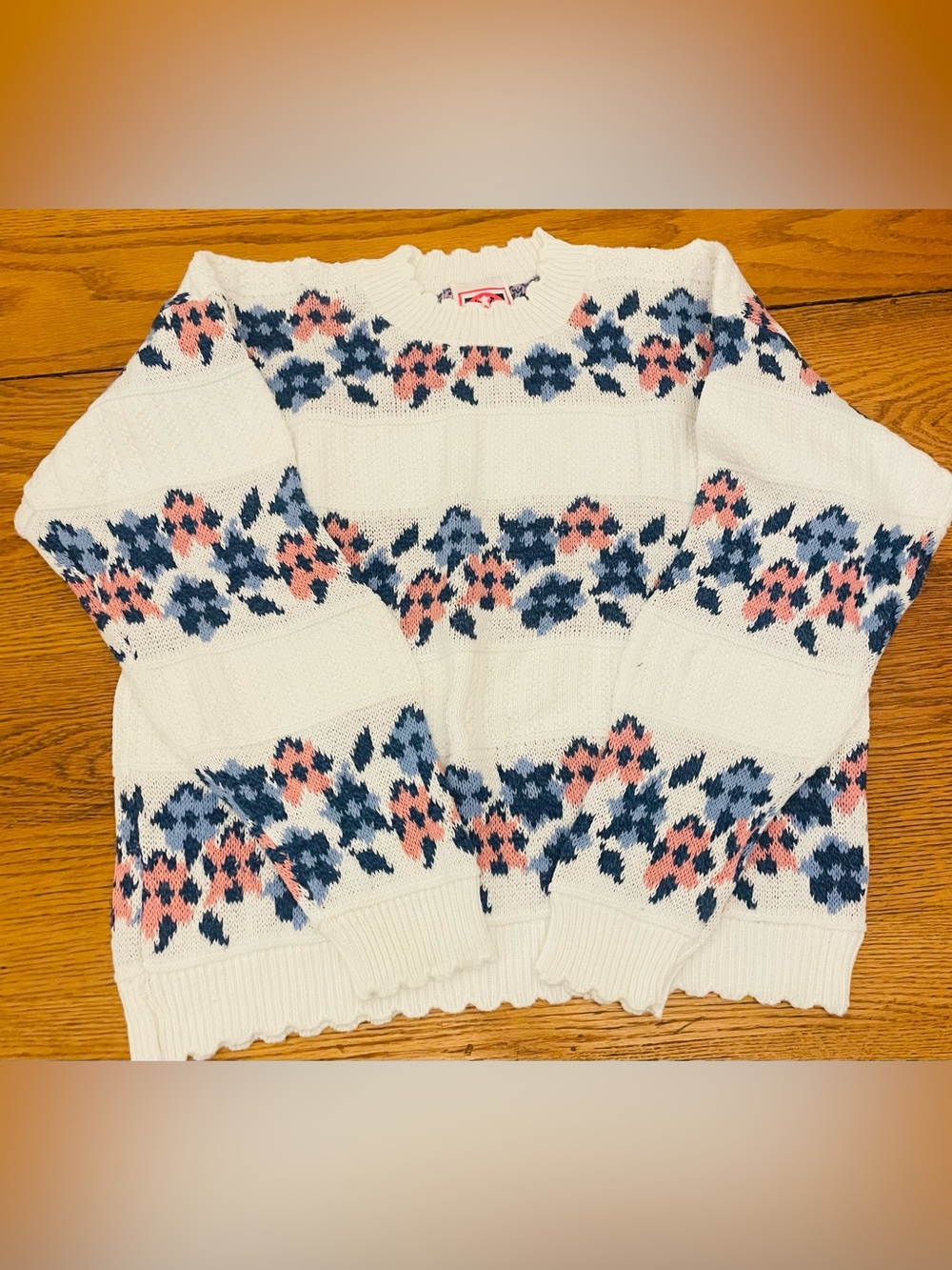 Vintage Girls Cream Floral Knit Sweater with Pink and Navy Pattern